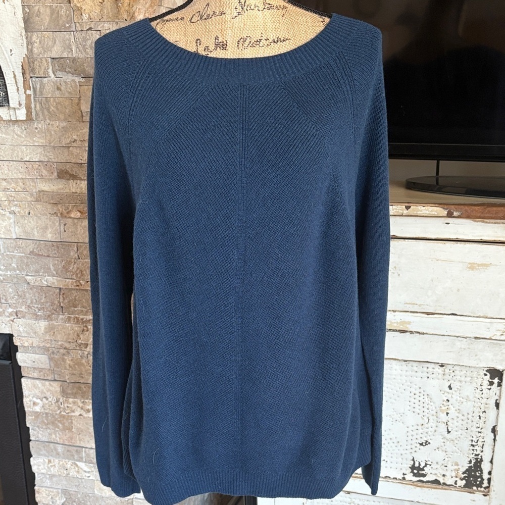 Title Nine navy wool blend long sleeve sweater w a wider boat style neck